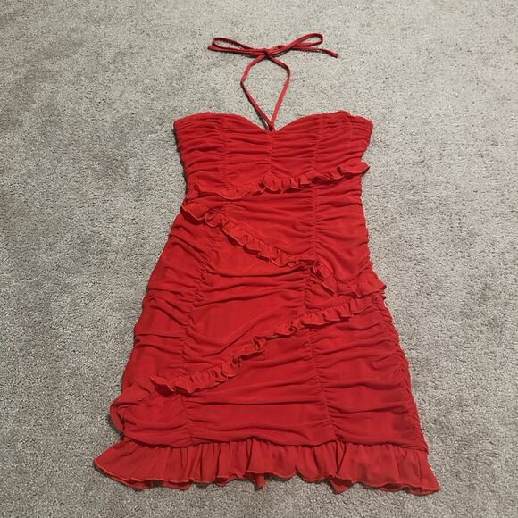MAJORELLE Red Ruched Halter Bodycon Mini Dress Ruffles‎ Size M - Picture 4 of 13